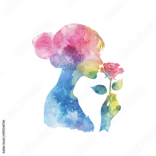 abstract color silhouette of woman sniffing rose vector illustration in watercolor style