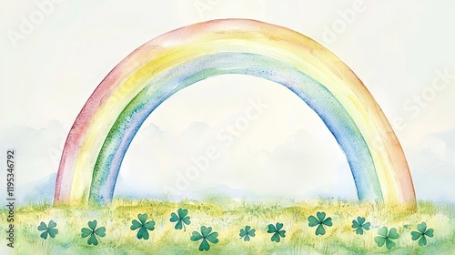 St patricks day heritage rainbow concepts, Colorful Watercolor Rainbow with Shamrocks and Soft Clouds in a Serene Landscape