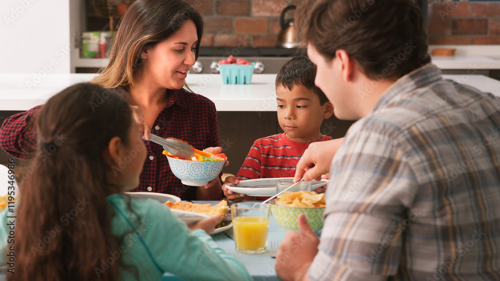 Family Enjoying Meal Sitting Around Table At Home Together Family Enjoying Meal Sitting Around Table At Home Together