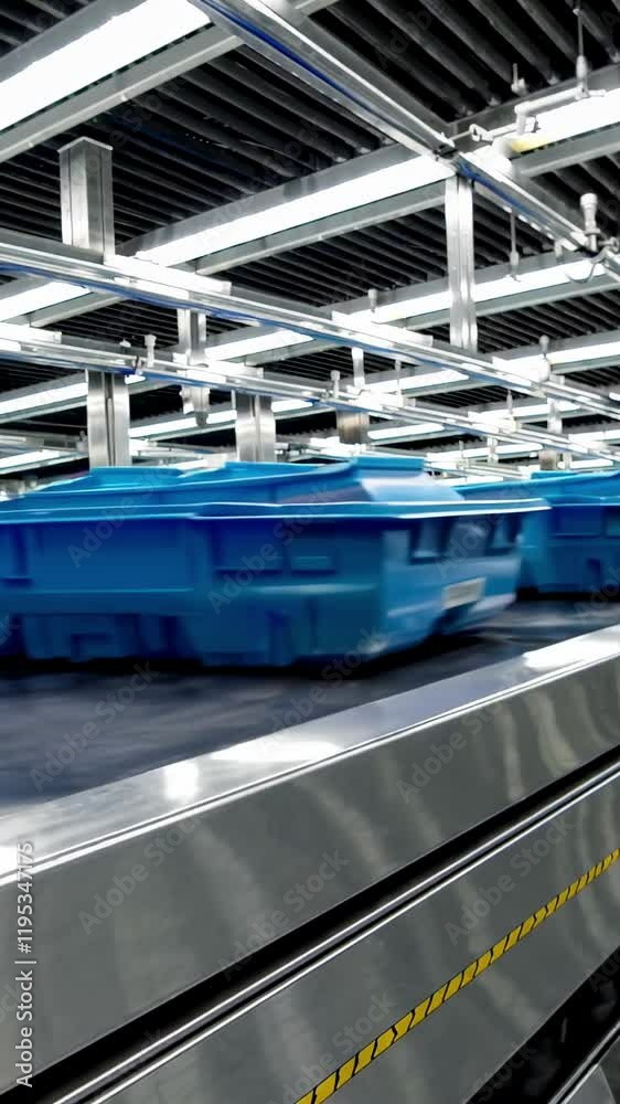 Vertical Screen: Blue plastic crates sliding along metal conveyor belt inside spacious industrial warehouse during logistics sorting process Vertical Screen: Blue plastic crates sliding along metal conveyor belt inside spacious industrial warehouse during logistics sorting process