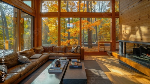 A modern living room with large floor-to-ceiling glass windows