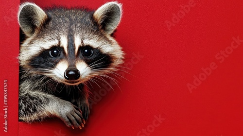 A playful raccoon hides behind a bold red surface.