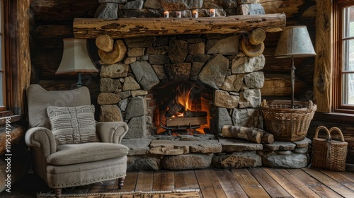 A rustic living room featuring a large stone fireplace with a wooden mantel