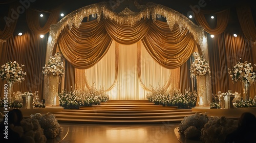A vintage-style Oscar stage featuring art deco designs sparkling golden drapes and elegant floral arrangements.