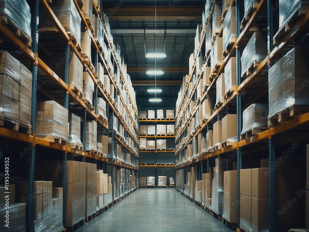 Fototapeta premium expansive warehouse filled with neatly organized shelves, showcasing an efficient logistics system with boxes ready for inventory control and order fulfillment