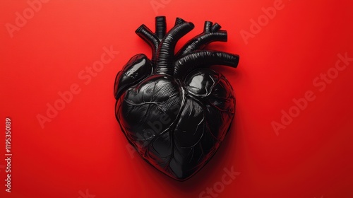 Close-up of unique black heart design on radiant red background - digital art photo