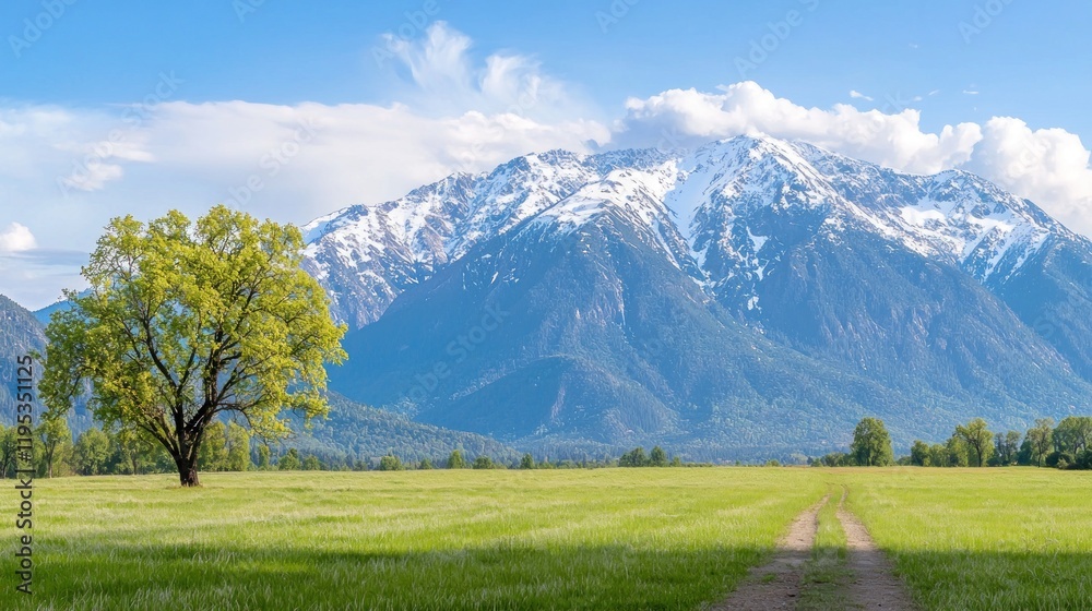 Fototapeta premium Solitary Tree in Mountain Meadow