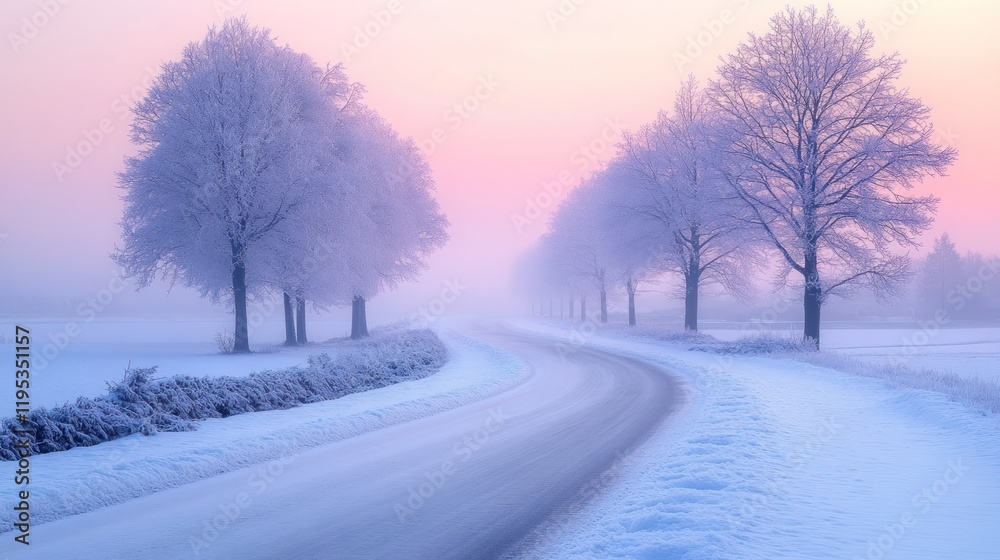 Obraz premium Snowy road winding through frosty trees at dawn.
