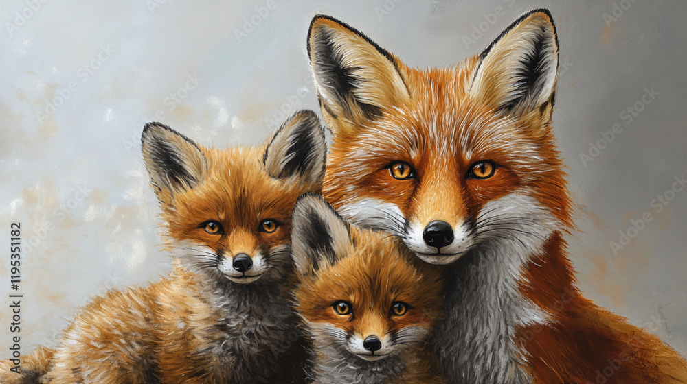 Fototapeta premium fox family showing love and affection, their golden fur shines in light, heartwarming scene