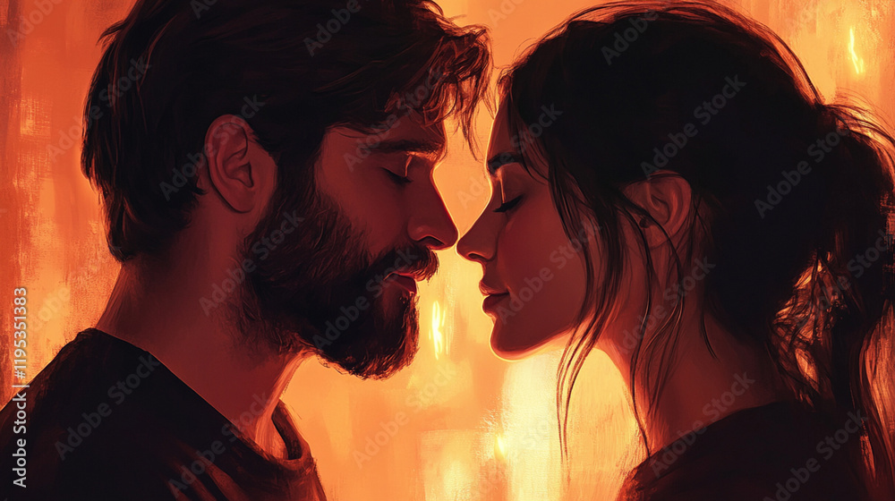 Couple man woman in delicate moment of introspection looking into each other with peaceful feeling Couple man woman in delicate moment of introspection looking into each other with peaceful feeling