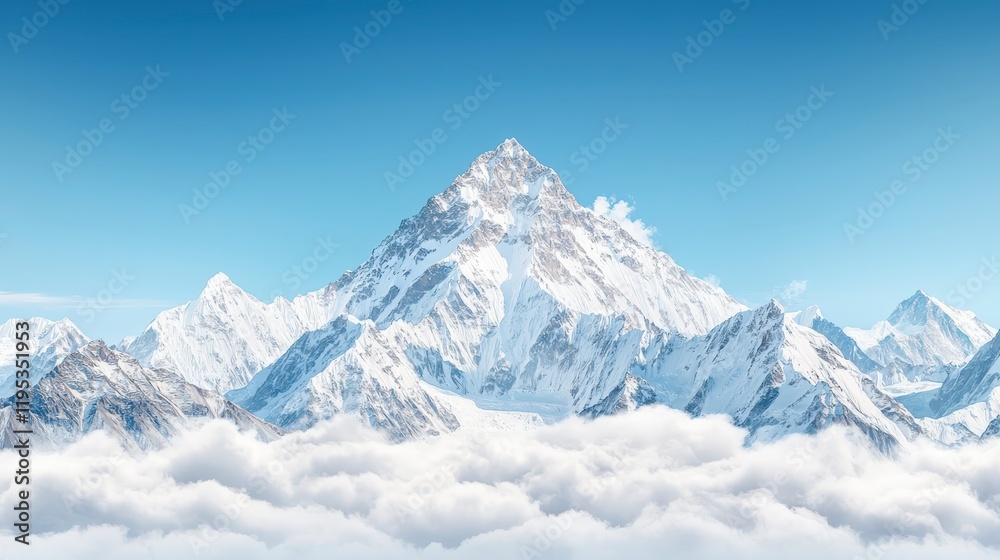 A breathtaking view of a snow-capped mountain peak emerging from fluffy white clouds under a clear blue sky, evoking a sense of tranquility and wonder. A breathtaking view of a snow-capped mountain peak emerging from fluffy white clouds under a clear blue sky, evoking a sense of tranquility and wonder.