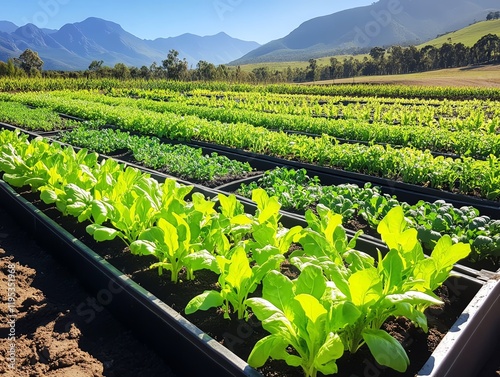 Vegetable garden with irrigation system in place, innovative and waterefficient farming photo