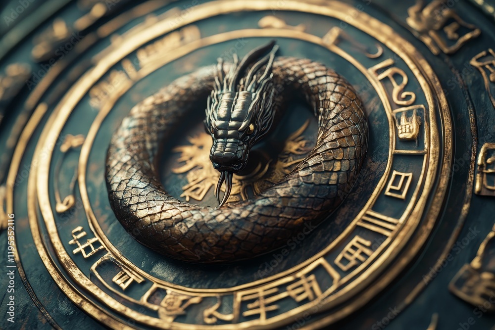 Fototapeta premium Ornate circular plaque; coiled dragon sculpture.