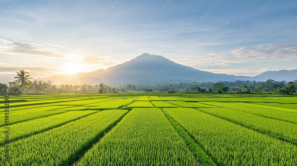A breathtaking view of lush green rice fields stretching towards a majestic mountain under a clear blue sky, illustrating nature's serene beauty. A breathtaking view of lush green rice fields stretching towards a majestic mountain under a clear blue sky, illustrating nature's serene beauty.