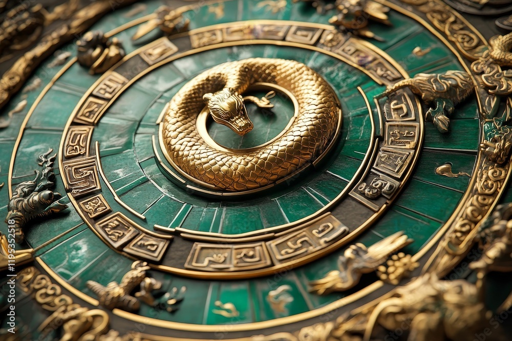 Fototapeta premium Ornate circular disc; gold serpent, green gemstone, zodiac symbols.