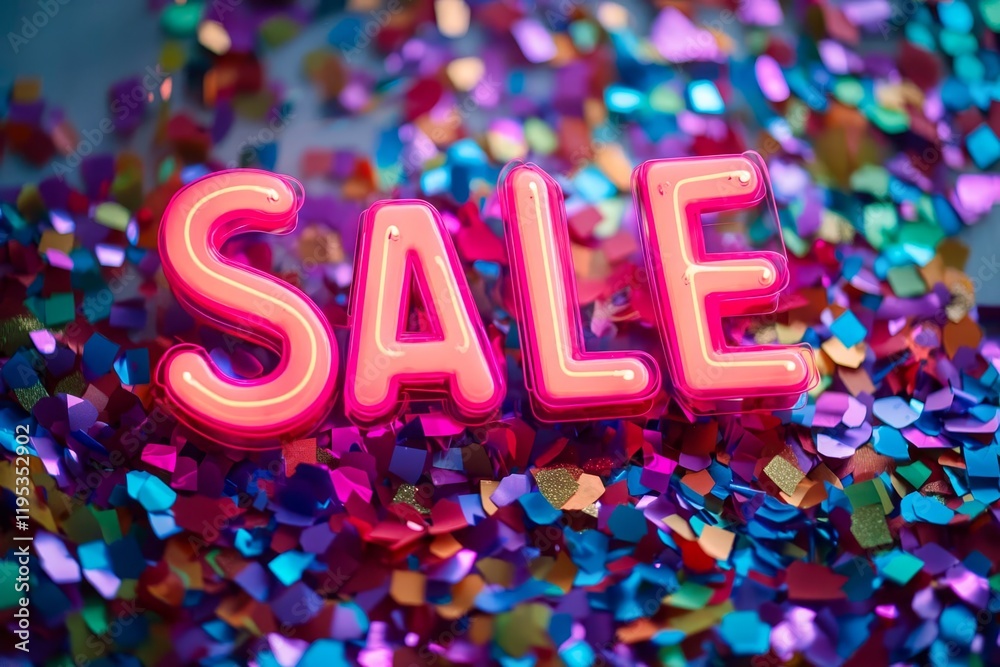 Fototapeta premium Sale, neon lettering surrounded by colorful confetti.