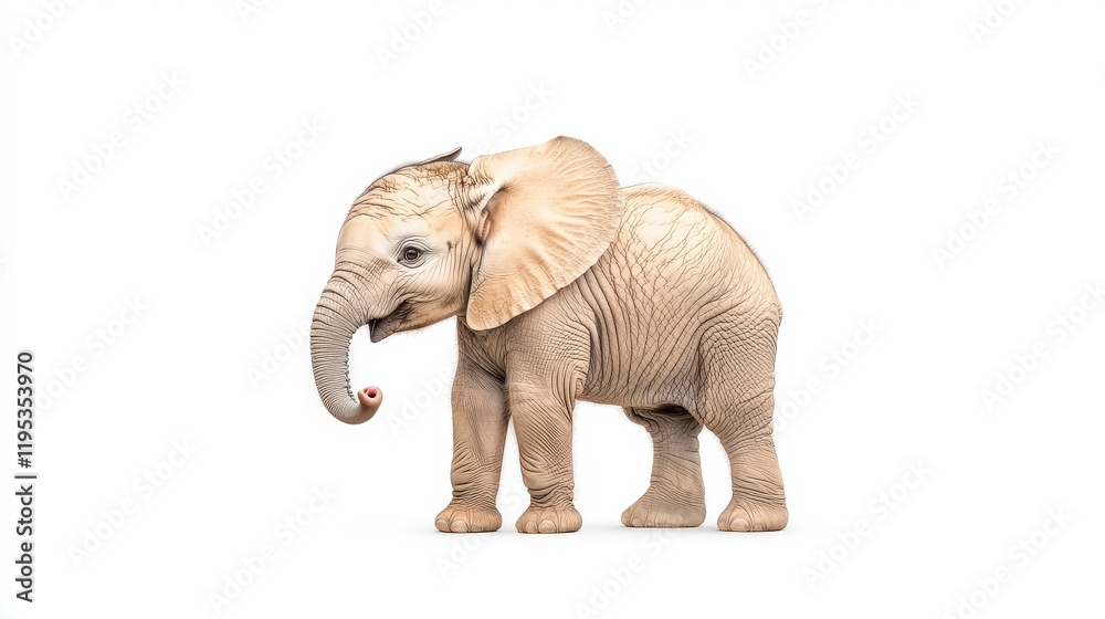 Fototapeta premium A cute baby elephant stands gracefully against a white background, showcasing its unique features and playful nature in a captivating manner.