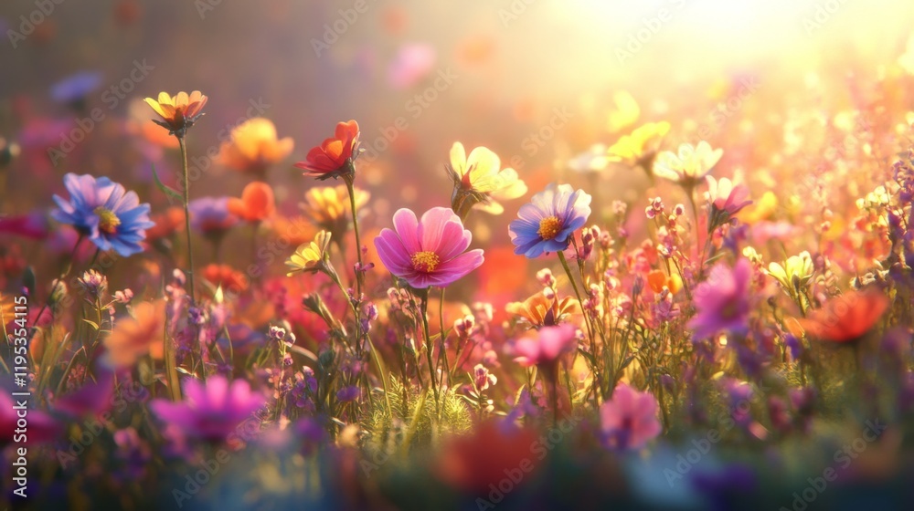 Fototapeta premium Colorful Wildflowers Blooming in a Scenic Meadow at Sunrise