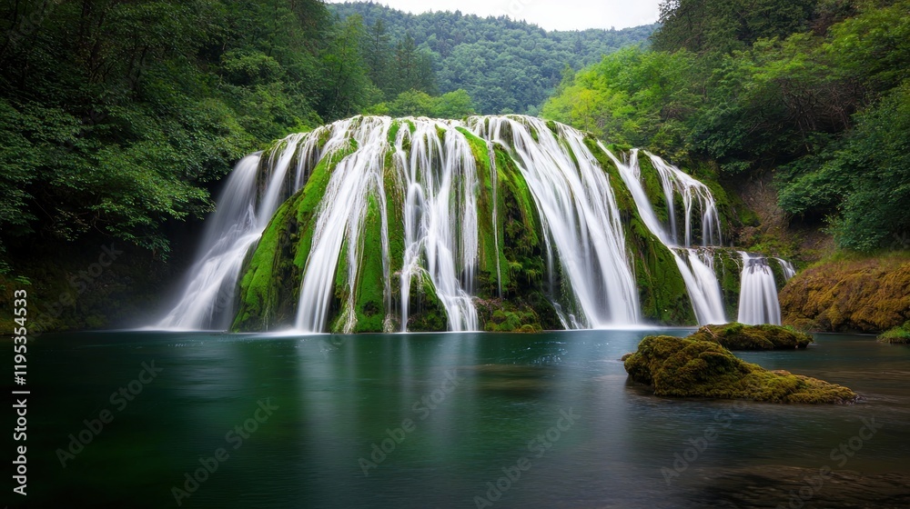 Fototapeta premium A serene waterfall cascading over mossy rocks in a lush forest.