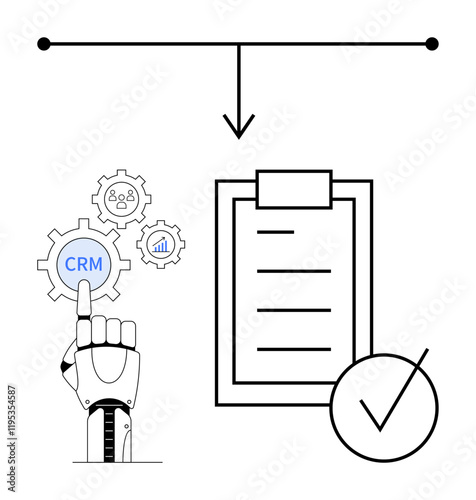 Robotic hand interacts with CRM gear, connecting to checklist and tick mark via arrow. Ideal for automation, CRM systems, AI-driven business, task management, workflow, tech innovation, abstract line