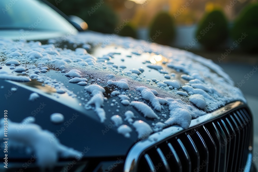 Car Care Detail. Close-up of soap suds and water beads on luxury car hood during washing process, capturing morning light reflections and automotive care.