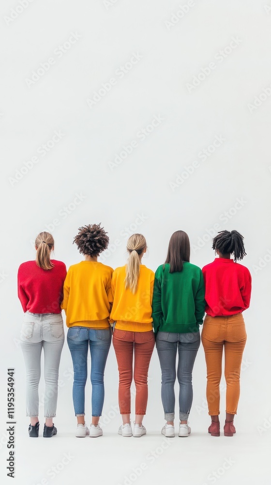 Fototapeta premium Group of women in colorful sweaters standing side by side in a minimalist setting showcasing unity and style