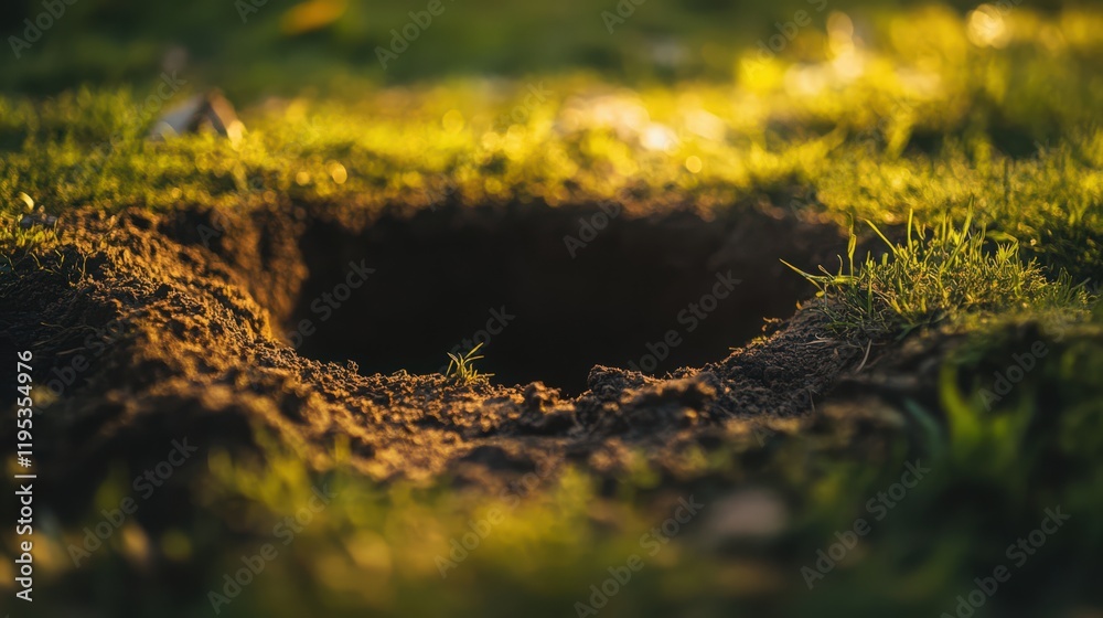 A dark hole in the ground surrounded by green grass illuminated by sunlight A dark hole in the ground surrounded by green grass illuminated by sunlight
