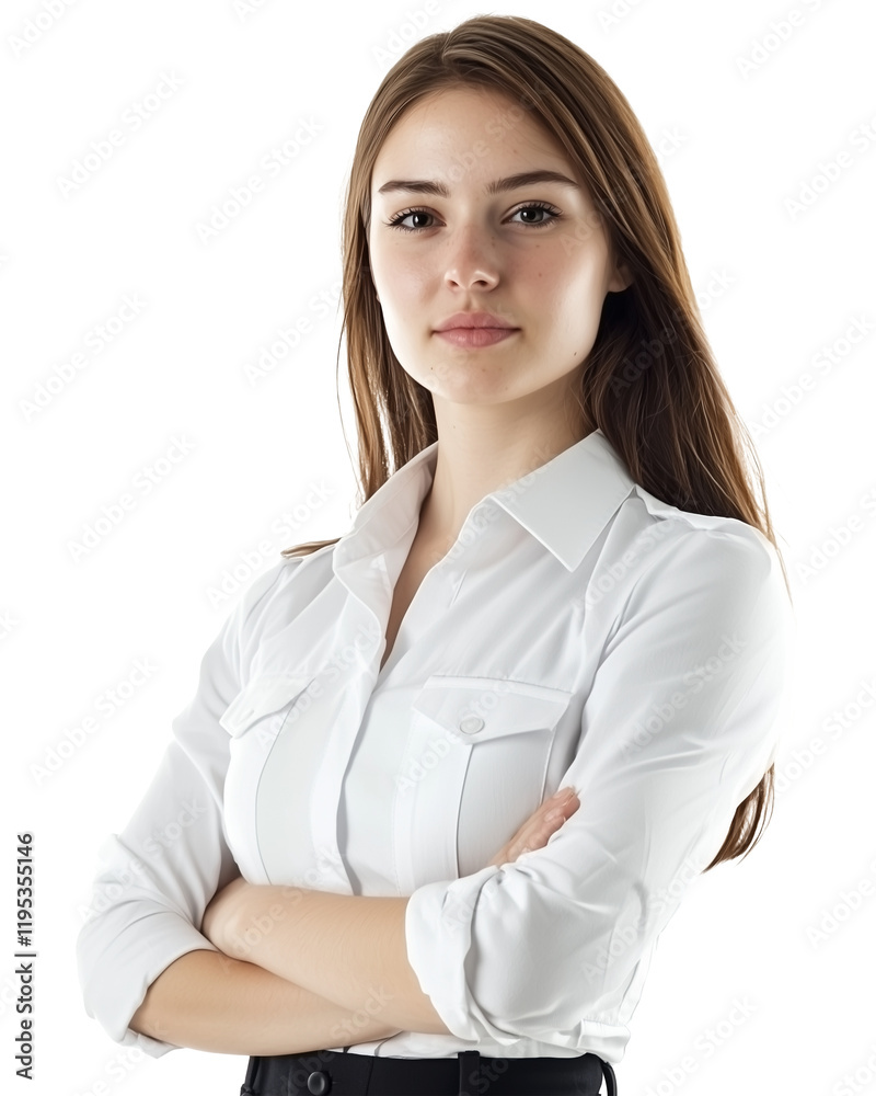 confident woman in white shirt stands with arms crossed, exuding professionalism and determination. Her expression is focused and poised, reflecting sense of authority and competence confident woman in white shirt stands with arms crossed, exuding professionalism and determination. Her expression is focused and poised, reflecting sense of authority and competence