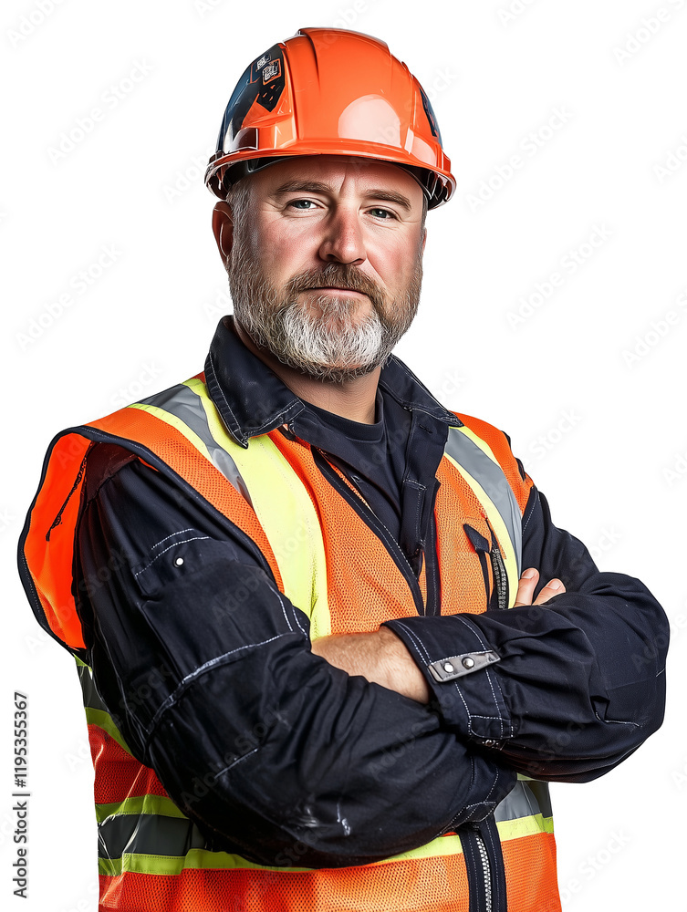 Middle aged man in construction worker outfit with confident expression, wearing orange safety vest and hard hat, arms crossed Middle aged man in construction worker outfit with confident expression, wearing orange safety vest and hard hat, arms crossed