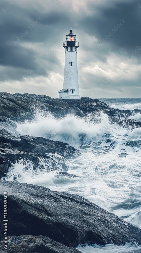 White lighthouse standing tall amidst crashing waves on a stormy day near rocky coastline White lighthouse standing tall amidst crashing waves on a stormy day near rocky coastline