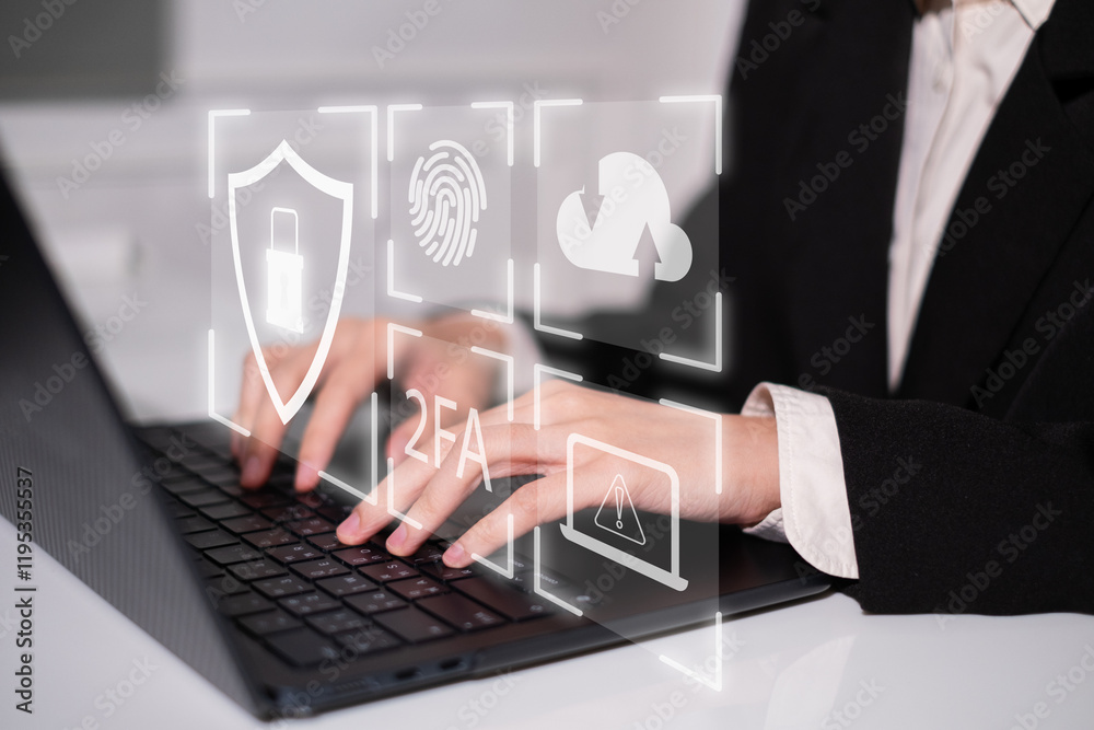 Fototapeta premium Cybersecurity shield lock fingerprint 2FA cloud data icon cyberspace protection concept