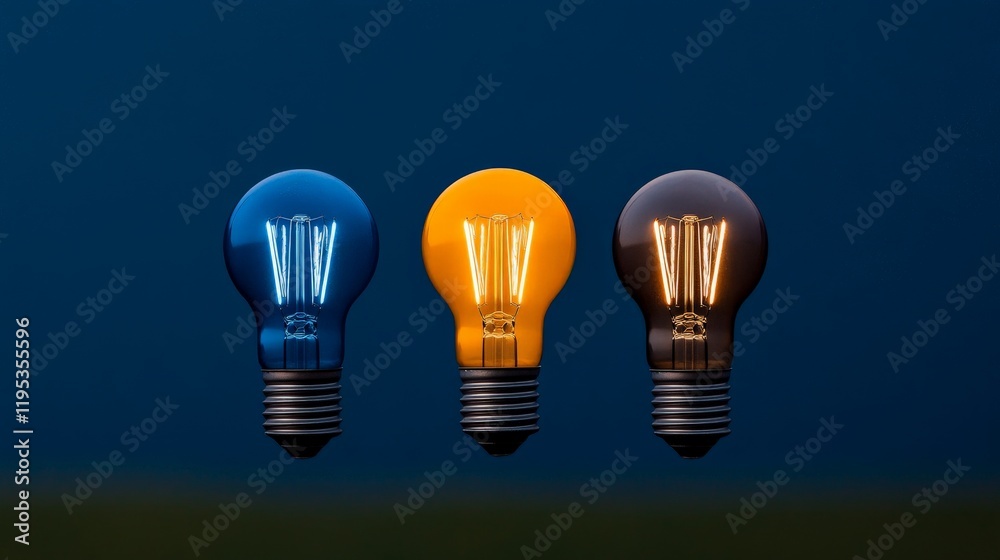 Illuminating Ideas: Three light bulbs in varying colors—blue, amber, and dark brown—arranged in a row against a deep blue background, symbolizing diverse perspectives and innovative thinking. Illuminating Ideas: Three light bulbs in varying colors—blue, amber, and dark brown—arranged in a row against a deep blue background, symbolizing diverse perspectives and innovative thinking.
