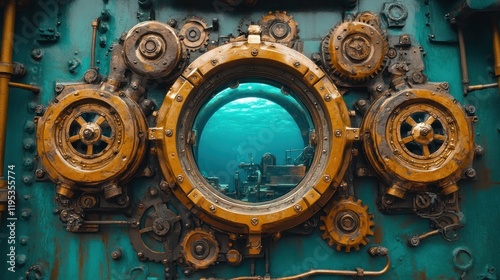 Steampunk submarine porthole underwater view. photo