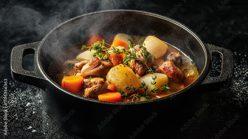 Simmering chicken stew with root vegetables and herbs Simmering chicken stew with root vegetables and herbs