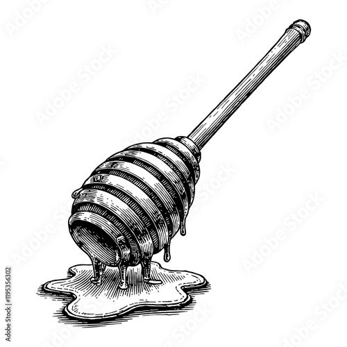 Honey Dipper with Dripping Honey Detail in Black and White Outline Line Art Drawing