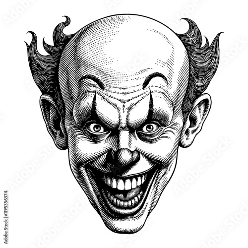 Horror Scary Rotten Maleficent Clown Face Detailed Black and White Outline Line Art Drawing