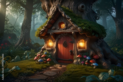 A charming tiny gnome cottage nestled. photo