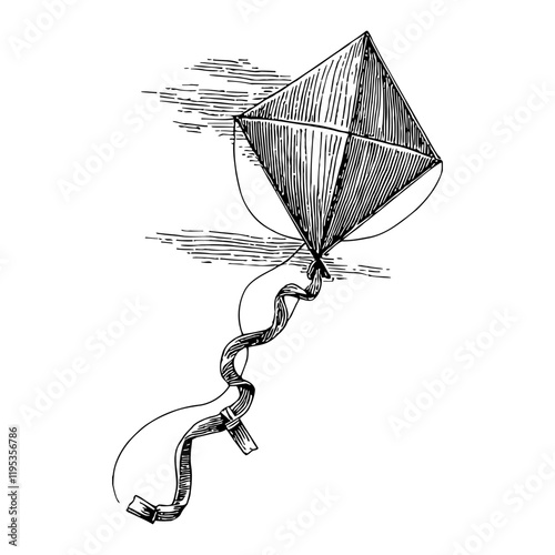 Flying Kite with Swirling Tail Black and White Outline Line Art Drawing in the Sky