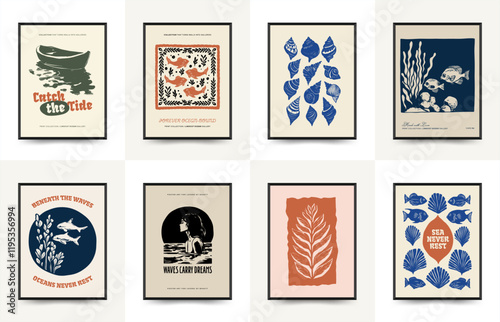 Underwater world, ocean, sea, fish and shells vertical flyer or poster template. Modern trendy Matisse minimal style. Hand drawn design for wallpaper, wall decor, print, postcard, cover, template.