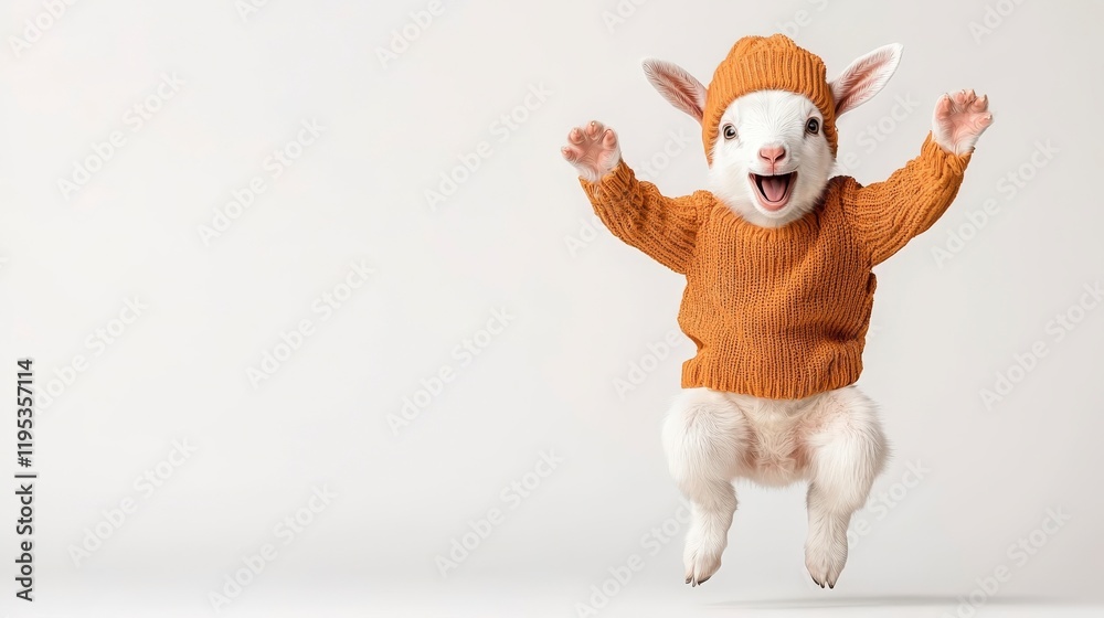 A playful rabbit wearing a cozy orange sweater jumps joyfully, showcasing its adorable features and playful spirit against a clean white background. A playful rabbit wearing a cozy orange sweater jumps joyfully, showcasing its adorable features and playful spirit against a clean white background.