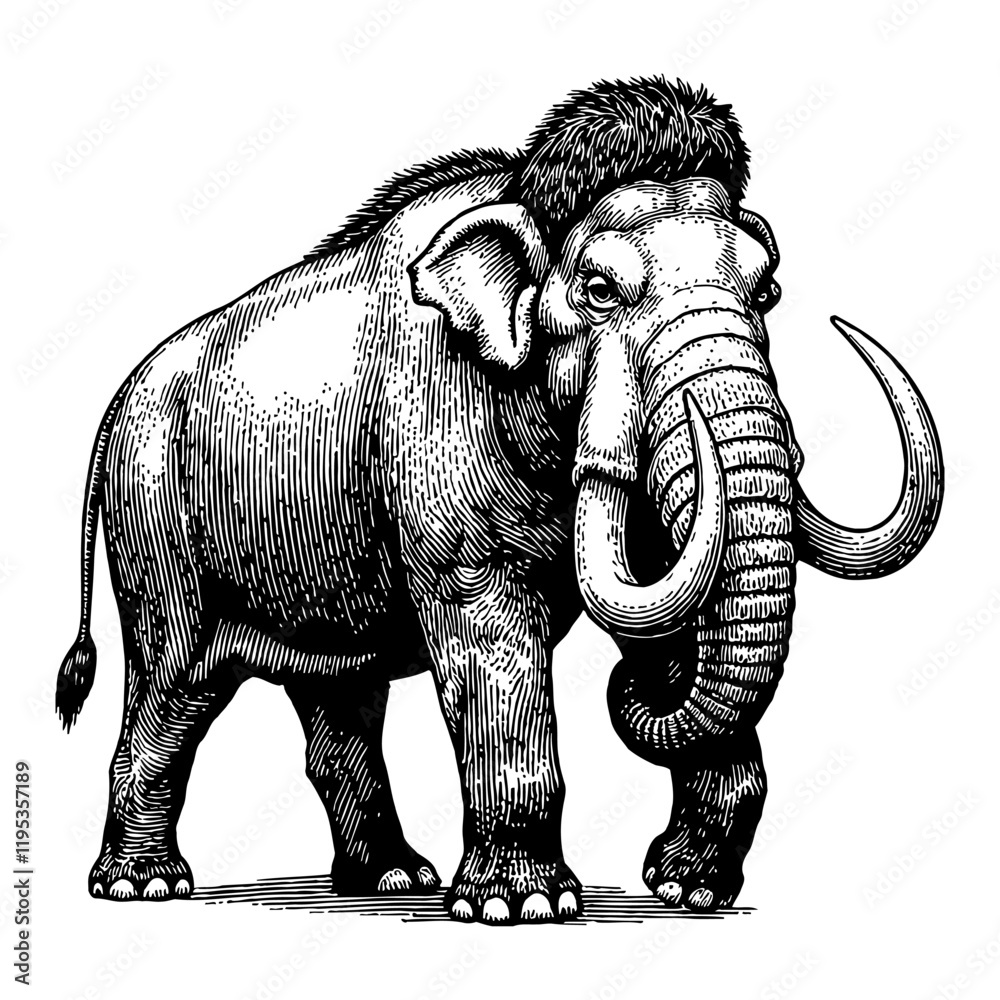 Fototapeta premium Woolly Mammoth Standing Detailed Black and White Outline Line Art Drawing with Tusks
