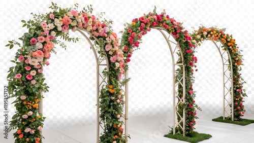 Fototapeta Naklejka Na Ścianę i Meble -  Set of flower arches on a transparent background. The concept of plants, celebration and design.