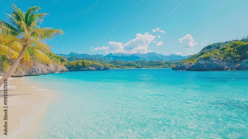 A serene beach scene featuring crystal clear water, palm trees, and a backdrop of mountains under a bright blue sky, perfect for relaxation. A serene beach scene featuring crystal clear water, palm trees, and a backdrop of mountains under a bright blue sky, perfect for relaxation.