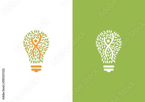 Ecological concept of light bulb with human sign inside. Combination of light bulb, leaf and human life vectors