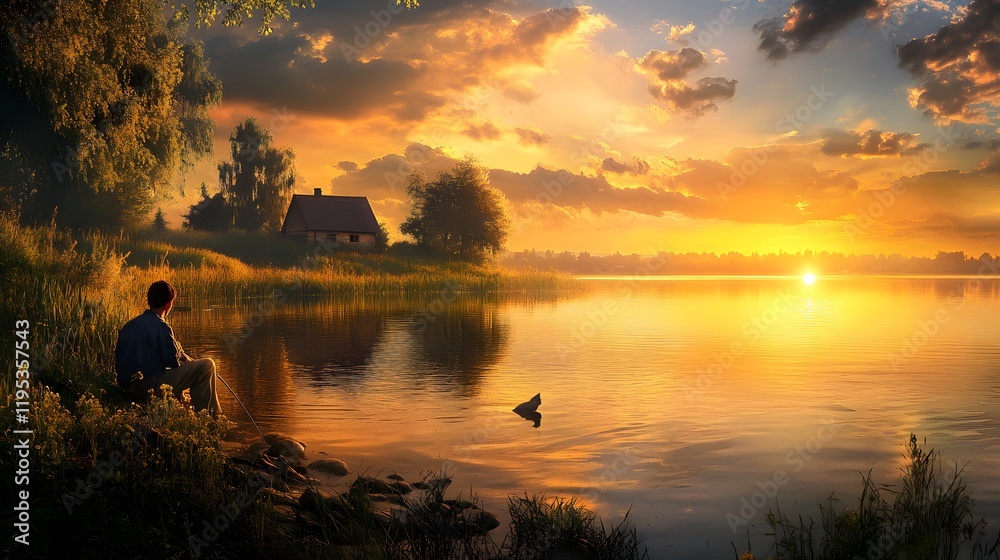 Serene Sunset Lakeside Fishing Scene With Cabin Serene Sunset Lakeside Fishing Scene With Cabin