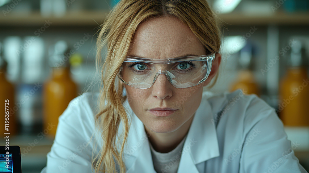 Focused woman chemical engineer analyzing data in a laboratory with advanced equipment and vibrant industrial lighting Focused woman chemical engineer analyzing data in a laboratory with advanced equipment and vibrant industrial lighting