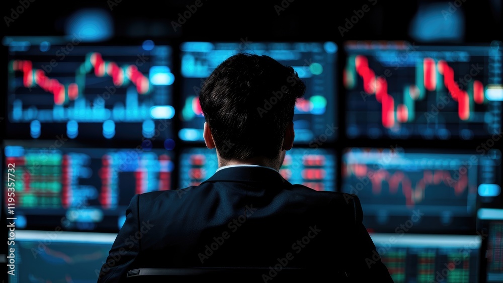 Businessman Analyzing Stock Market Data on Multiple Digital Screens Businessman Analyzing Stock Market Data on Multiple Digital Screens