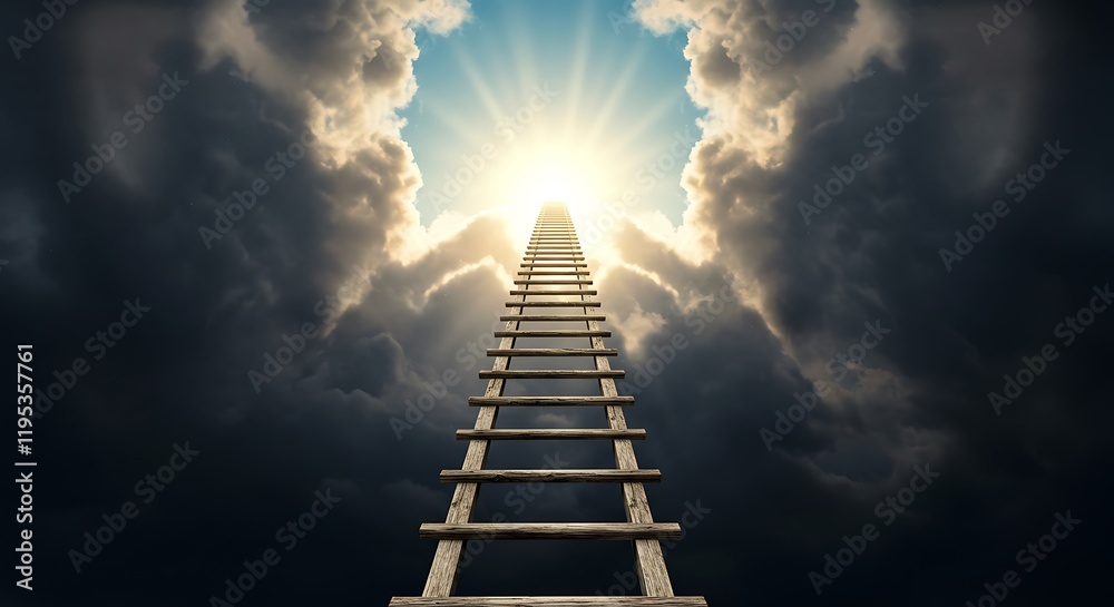 A wooden stairway to heaven ascends through dramatic clouds. Sunlight shines, offering hope and spiritual ascension. A wooden stairway to heaven ascends through dramatic clouds. Sunlight shines, offering hope and spiritual ascension.