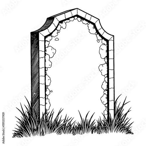 Tombstone with Grass Detailed Black and White Outline Line Art Drawing Style