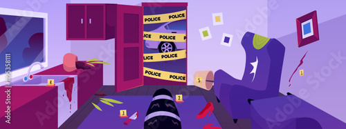 Vector illustration of crime scene with yellow tape, with evidence, drops of blood, a knife